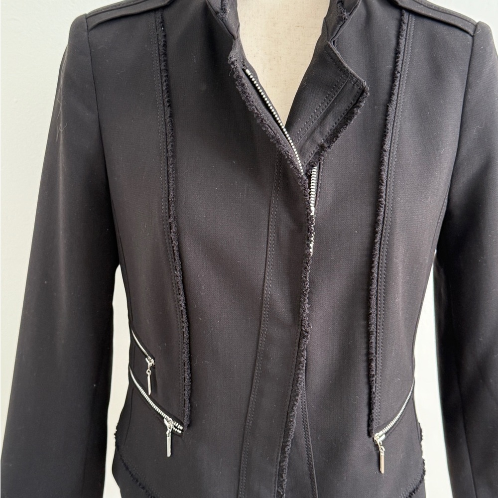White House Black Market Black Moto Jacket with Fringe bracelet sleeve, zipfront